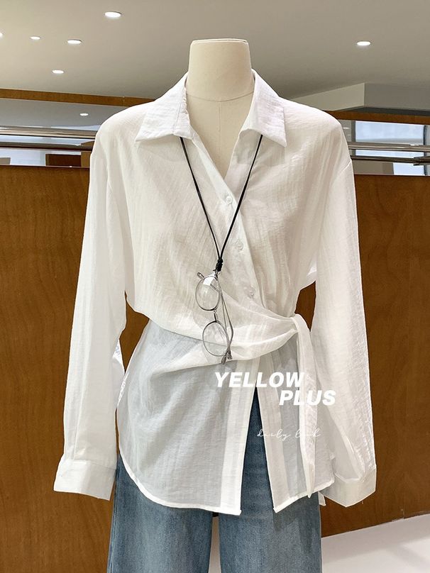 Spring/Summer Elegant Sophisticated Linen Shirt With Tie-Down Design And Turn-Down Collar For Women, 2026 New Commuting_ecoleips.com