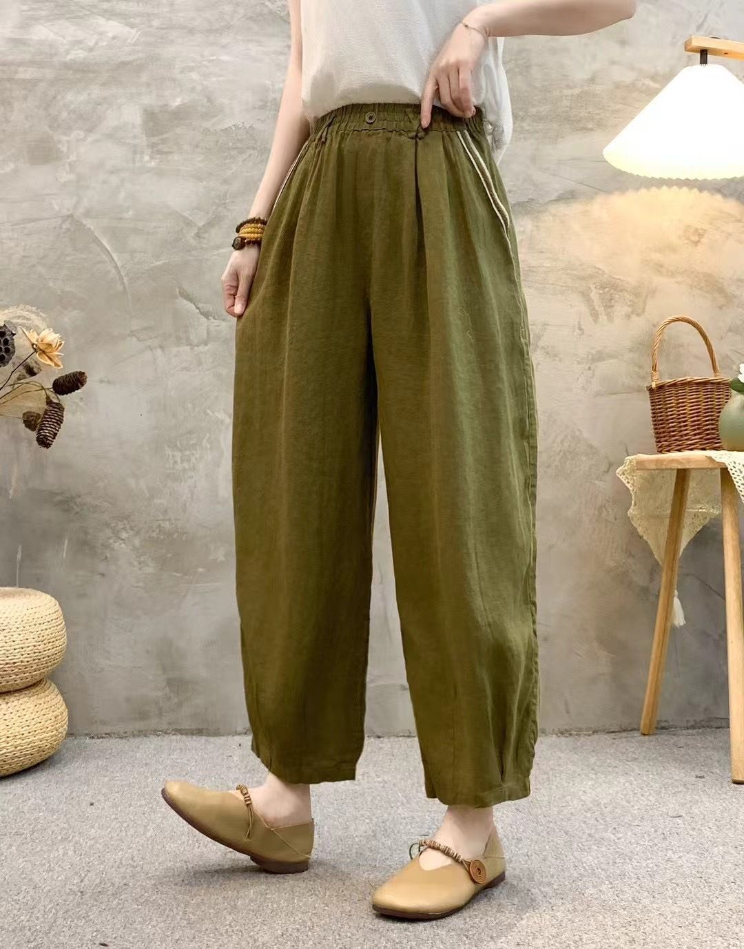 Suitable For All Seasons One Button Linen Carrot For Women 2025 Summer New Lantern Cross Elastic Waist Casual Pants_ecoleips.com