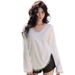 Leather-Embroidered V-Neck Long-Sleeve Knit Tee For Women, Autumn Loose Fit With German Fleece Fabric, Mid-Length White_ecoleips.com