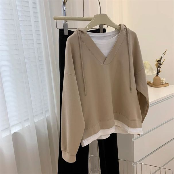 real Shot Two-piece Drawstring V-neck Hooded Sweatshirt For Women, Plus Size, Loose Fit, Korean Style_ecoleips.com