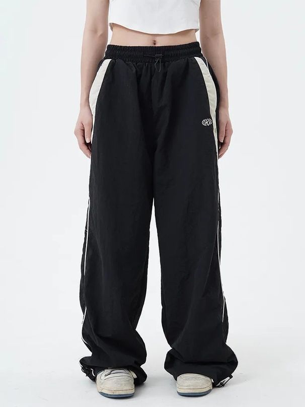 Women's Clothing Elastic Waist Stitching Sports Pants Retro Street High Waist Loose Straight Wide Leg Pants_ecoleips.com