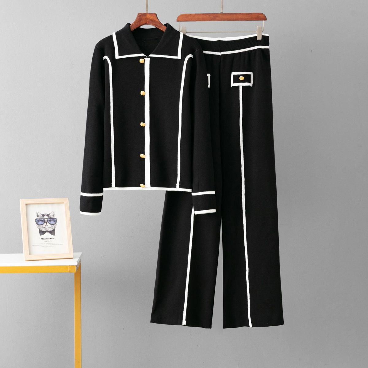Women's Clothing Knitted Suit Single Breasted Polo Collar Sweater Casual Sports Wide Leg Pants Two Piece Suit_ecoleips.com