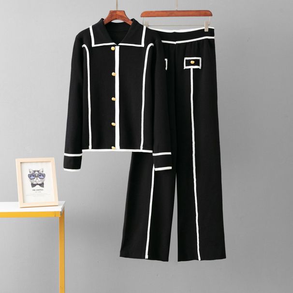 Women's Clothing Knitted Suit Single Breasted Polo Collar Sweater Casual Sports Wide Leg Pants Two Piece Suit_ecoleips.com