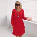 Elegant Flowy Cake Dress For Women - Comfortable Loose Fit Round Neck Long Sleeve Midi Dress In Solid Colors_ecoleips.com