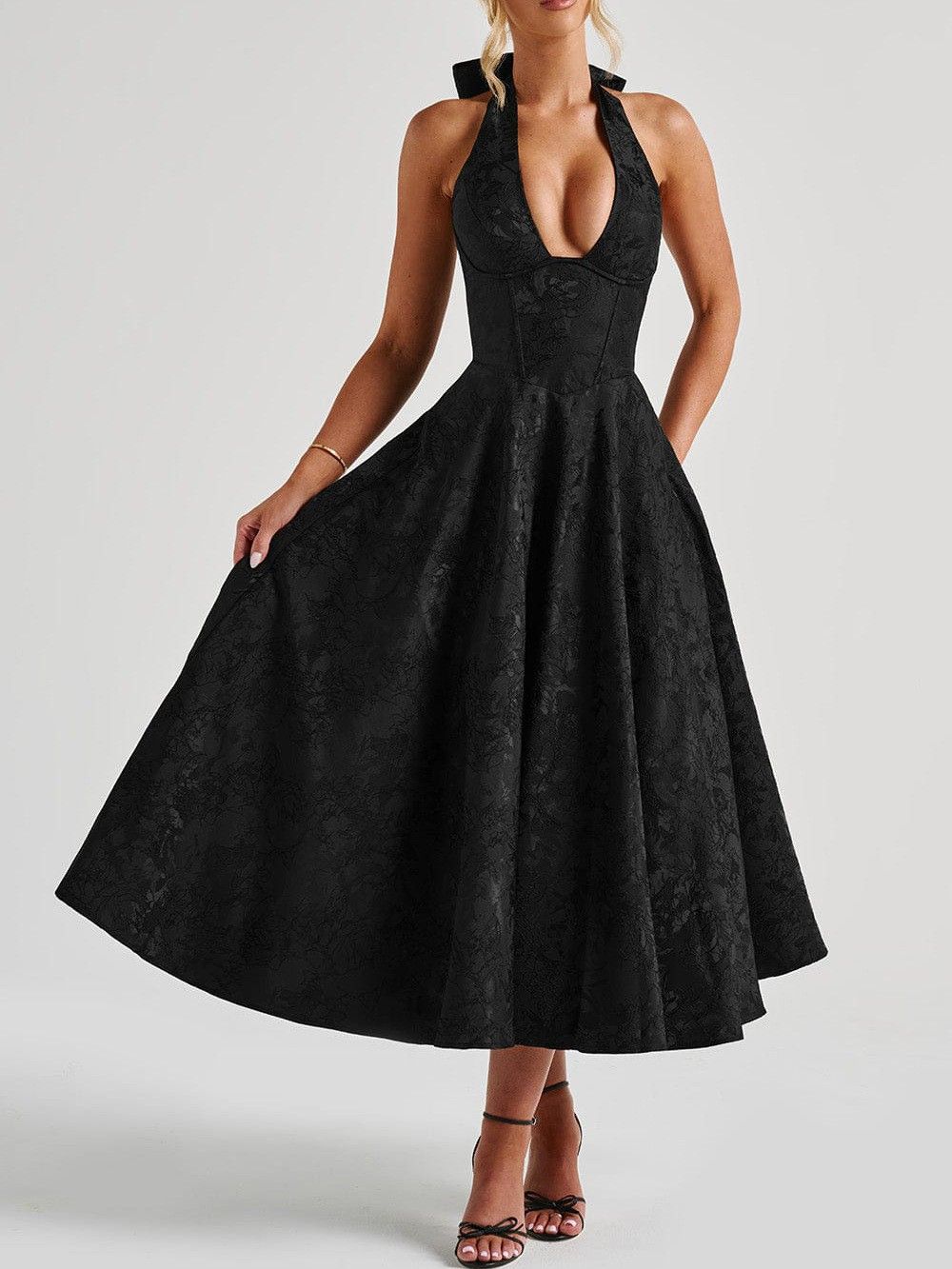 Women's Sexy V Neck Halter Neck Maxi Dress – Elegant Casual Evening Gown_ecoleips.com