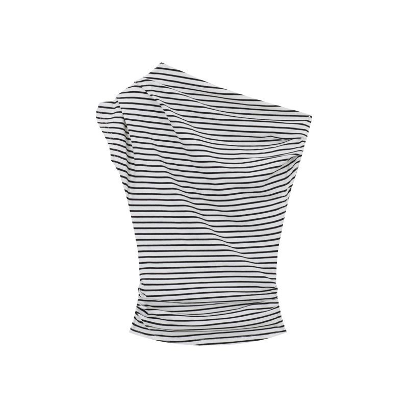 Women's Slim Fit Striped T-Shirt Off-Shoulder Short Sleeve Summer Sexy Student Top New Style_ecoleips.com