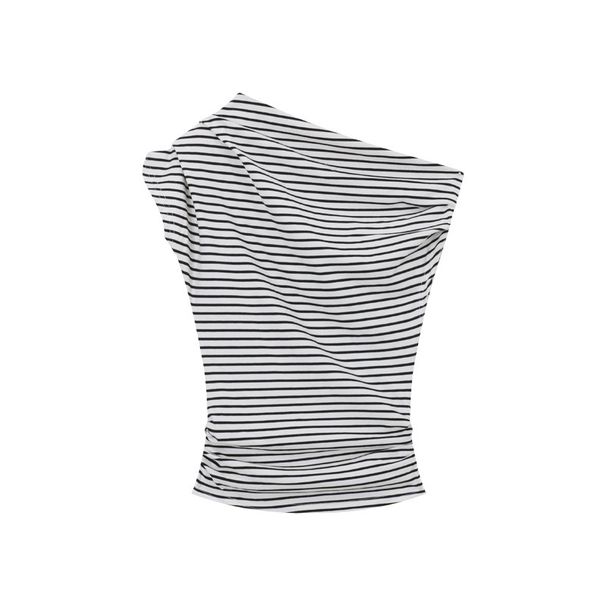 Women's Slim Fit Striped T-Shirt Off-Shoulder Short Sleeve Summer Sexy Student Top New Style_ecoleips.com