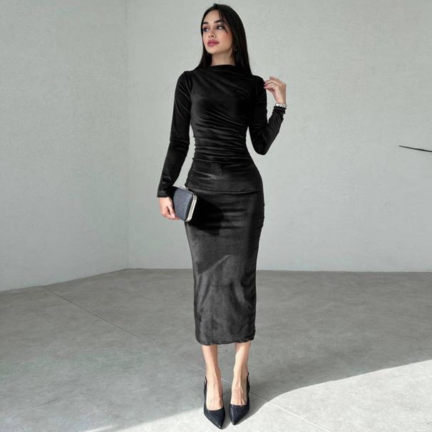 K New Women's Fashion Solid Color Slimming Fold Round Neck Long Sleeve Dress Dress_ecoleips.com