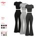 Aria Basics 2026 Spring/Summer New European And American Cross-Border Bell-Bottom Pants High-Waisted Cropped Top Short-Sleeve_ecoleips.com