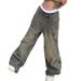 Women's Clothing Hip Hop Style Low Waist Retro Distressed Print Simple Letter Jeans Street Loose Casual Wide Leg Pants Trousers_ecoleips.com