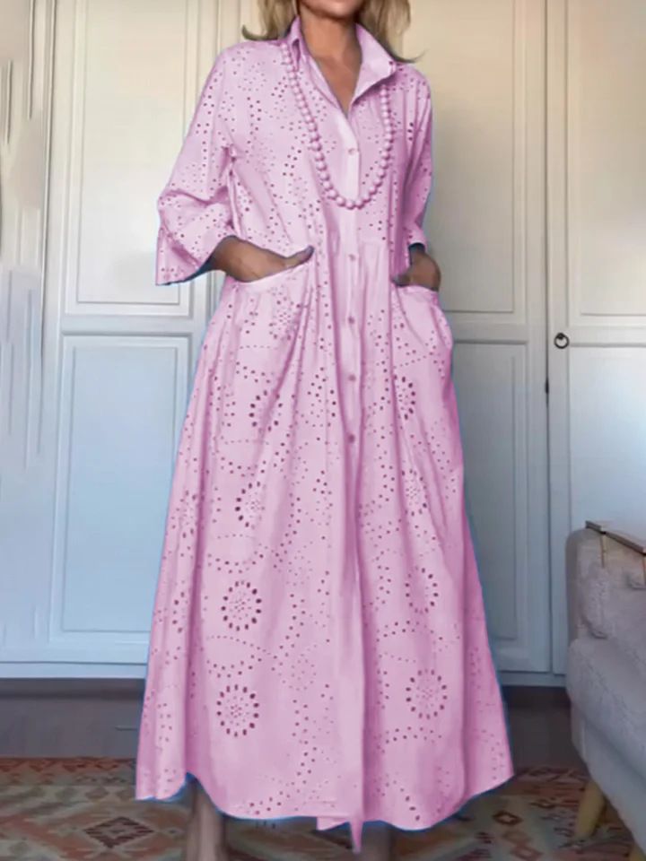 Elegant Embroidered Oversized Shirt Dress With Lace Detail – Comfortable Loose Fit, Long Sleeve, A-Line Silhouette For Women, Available In Multiple_ecoleips.com