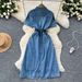 Women's Clothing Short Sleeved Denim Dress Retro Polo Collar Single Breasted Waisted Mid Length Skirt_ecoleips.com