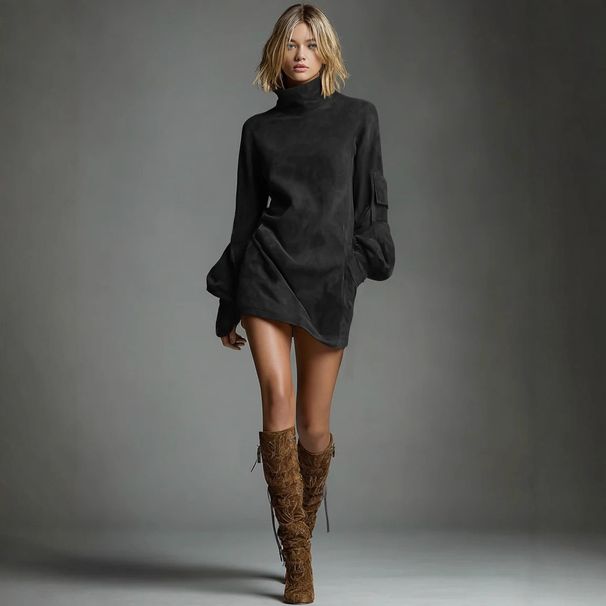 Elegant Retro Suede-Like Short Dress With High Neck & Long Sleeves – Women's Vintage-Inspired Fall/Winter Mini Dress (Brown/Black/Army Green)_ecoleips.com