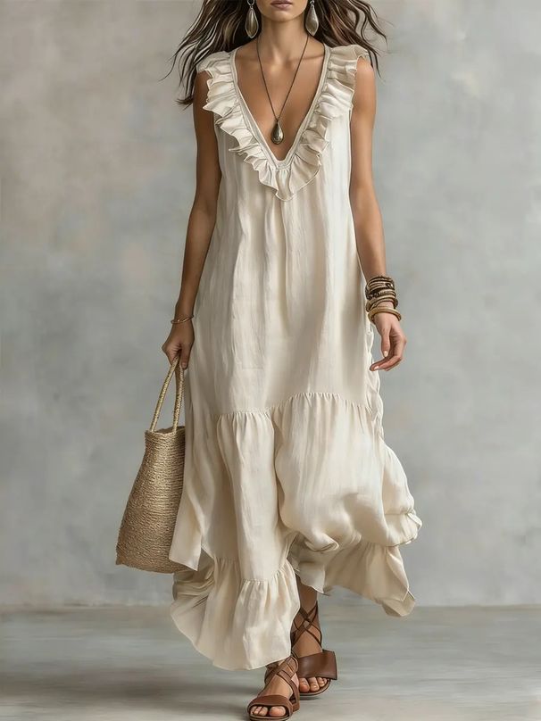 Women's Solid Color Sleeveless V-Neck Cotton Linen Swing Dress American Style Spring/Summer New Full-Length Dress_ecoleips.com