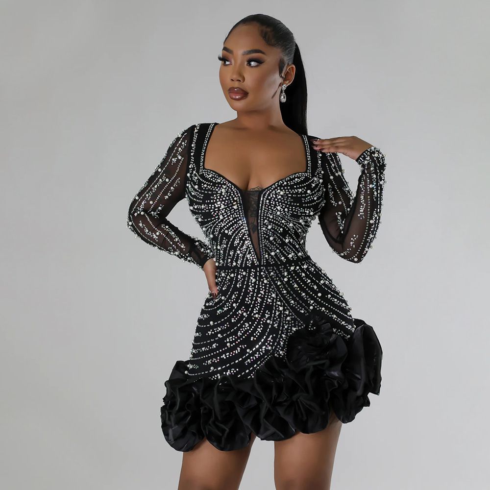 Women's Fashion Heavy-Duty Hot Selling Diamond Beaded Ruffled Sexy Bodycon Party Dress_ecoleips.com