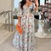 Spring Women's Elegant Fashion V-Neck Printed Mid-Length Five-Sleeve V-Neck Dress_ecoleips.com