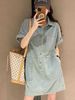 plus Size Women's Summer New Denim Dress Belly Cover Slimming Design Shirt Dress High Waist A-Line Korean Style Short Sleeve_ecoleips.com