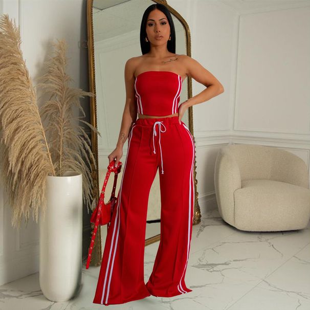 Women's Clothing New Fashion Slim Solid Color Tube Top Wide Leg Pants Suit Two Piece Set Delivery_ecoleips.com