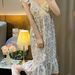 Mid-Length Nightdress With Chest Pads For Women, Summer Fly Sleeve Lace Trim High-End Floral V-Neck Pure Desire Style_ecoleips.com