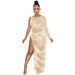 Voya Voya Women's Fashion Sexy Nightclub Rhinestone Single Sleeve Irregular Slit Long Dress_ecoleips.com