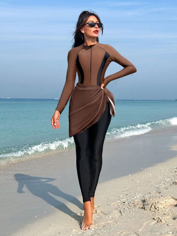 Muslim Swimsuit European Style Long Sleeve Swimsuit Set With Skirt For Women Fashionable Color Block Design With Chest Pad_ecoleips.com