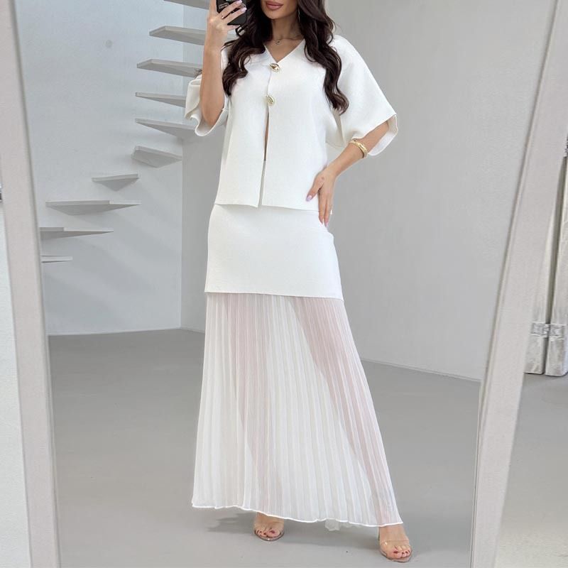 Women's Summer V Neck Knitted Top with Pleated Patchwork Skirt Fashion Set Short Sleeved Cross Border Style Spring/Autumn_ecoleips.com