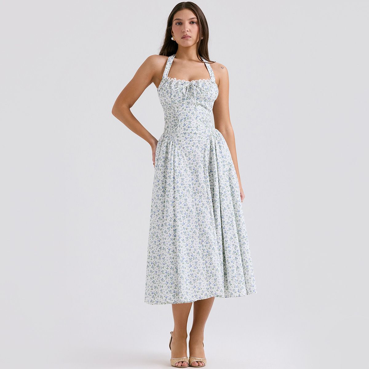 Women's Clothing Summer Sexy Women's Clothing Floral Halter Neck Dress Spring And Summer Women's High End Slim Backless Holiday Style Mid Length Skirt_ecoleips.com
