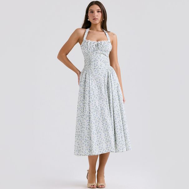 Women's Clothing Summer Sexy Women's Clothing Floral Halter Neck Dress Spring And Summer Women's High End Slim Backless Holiday Style Mid Length Skirt_ecoleips.com