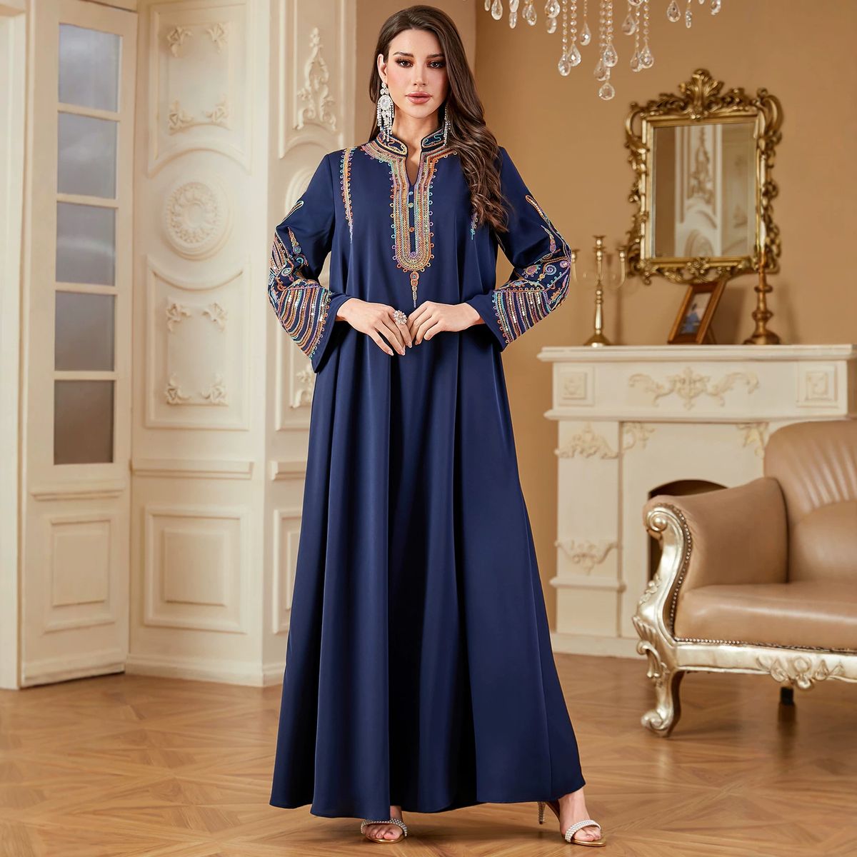 Women's Ethnic Style Embroidered Abaya Robe New Cross Border Fashion Elegant Long Sleeve Dress Skirt for Muslim Women_ecoleips.com