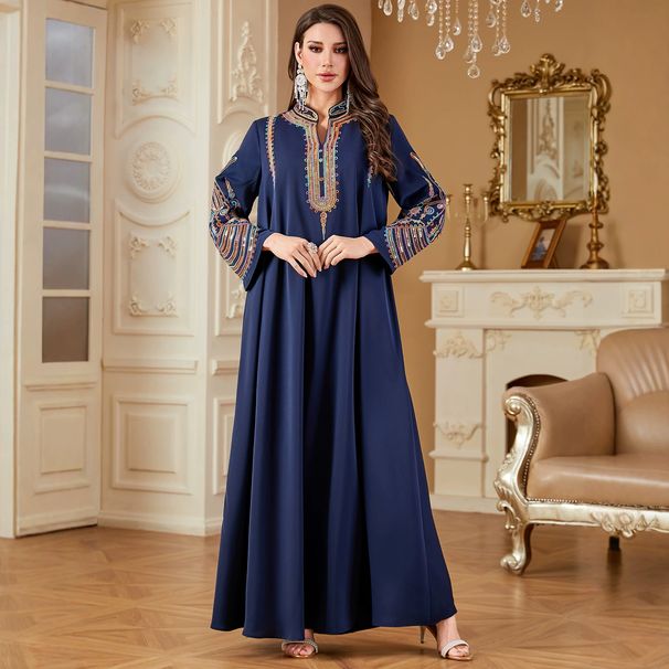 Women's Ethnic Style Embroidered Abaya Robe New Cross Border Fashion Elegant Long Sleeve Dress Skirt for Muslim Women_ecoleips.com