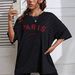 Women's Casual Black T-Shirt round Neck Short Sleeve Letter Print Loose Fit Summer Sports Top European American Style_ecoleips.com