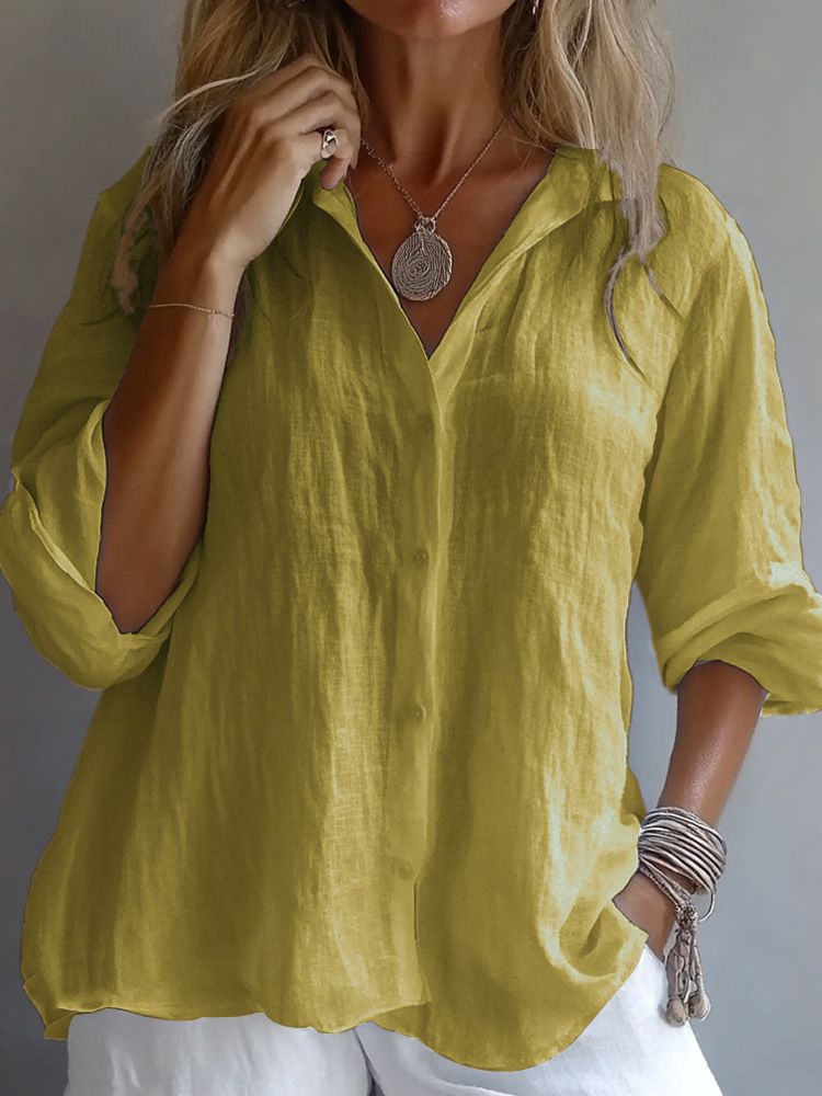 Verve 2025 Women's Spring Solid Color Linen V-neck Long Sleeve Casual Shirt_ecoleips.com