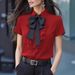 Women's Solid Color Lace-Up Bow Ruffle Short Sleeve Shirt Regular Fit Elegant Fashion Blouse for Spring/Summer_ecoleips.com