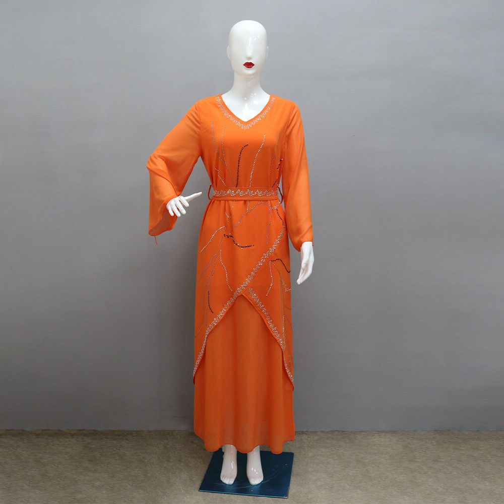 Women's Clothing Muslim Robe Hot Diamond Chiffon Dress With Belt_ecoleips.com