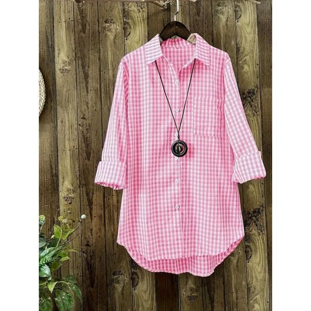 Spring Cotton And Linen Loose-Fitting Fashionable Slimming Pink Long-Sleeved Shirt With Checkered Pattern For Women_ecoleips.com