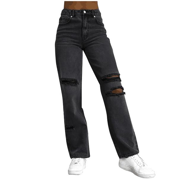 Women's Clothing supply ripped slim solid color denim trousers for women_ecoleips.com