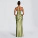 Satin Off-Shoulder Long Dress European American Style Asymmetrical Pleated Waist Fishtail Draped Skirt Hollow out Detail_ecoleips.com