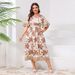 Women’s Clothing Large Size V Neck Dress Trumpet Sleeve Fashion Print Elastic Waist Long Dress_ecoleips.com