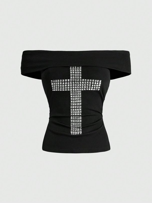 Retro Backless Slimming Off-Shoulder Top Rhinestone Detail American Style Spring/Summer Fashion for Women_ecoleips.com
