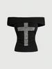 Retro Backless Slimming Off-Shoulder Top Rhinestone Detail American Style Spring/Summer Fashion for Women_ecoleips.com