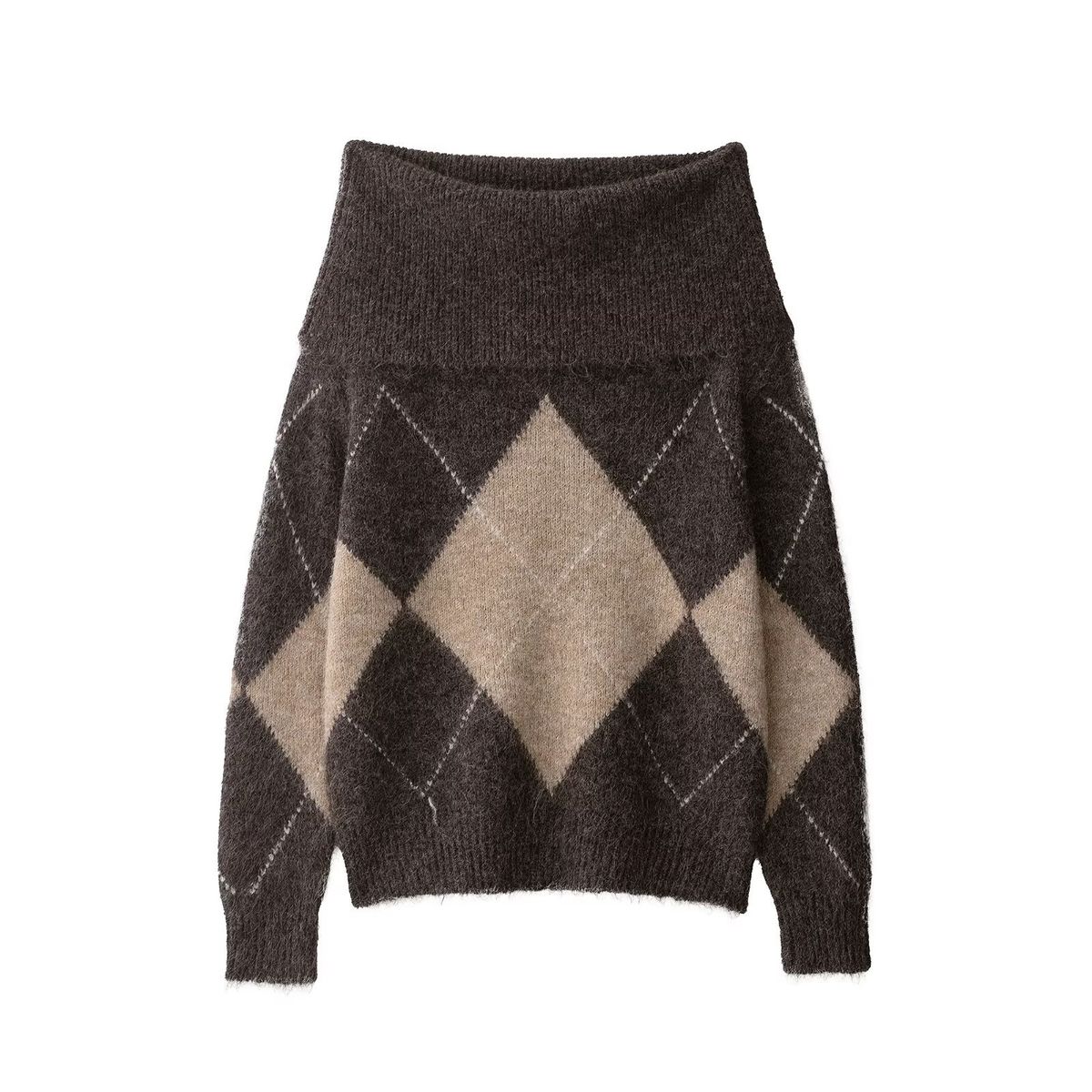 Off-Shoulder Diamond Knit Sweater – Trendy One-Shoulder Pullover For Women (As Pictured, S/M/L)_ecoleips.com