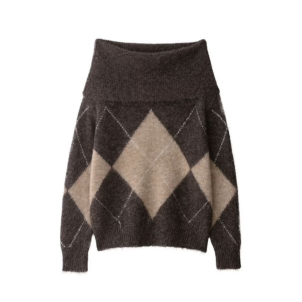 Off-Shoulder Diamond Knit Sweater – Trendy One-Shoulder Pullover For Women (As Pictured, S/M/L)_ecoleips.com