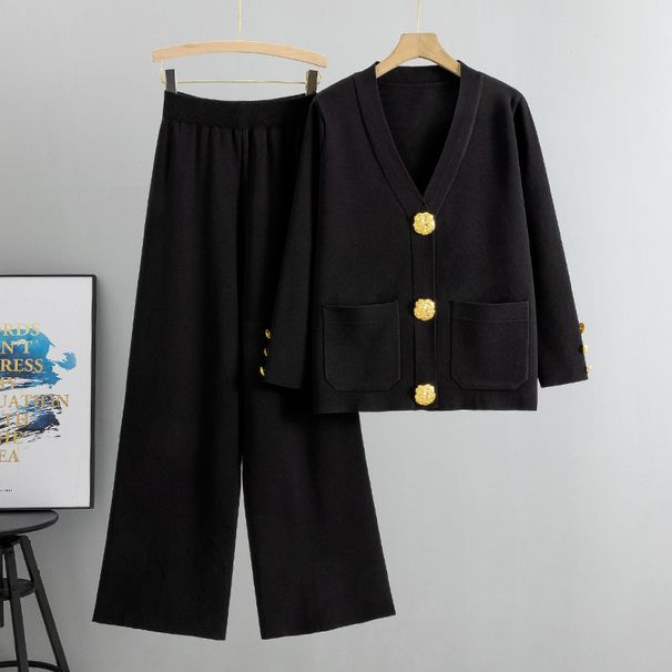 K Casual Fashion Two-piece Set For Women; Versatile Metal Button Knitted Cardigan Sweater With Wide-leg Pants Set._ecoleips.com