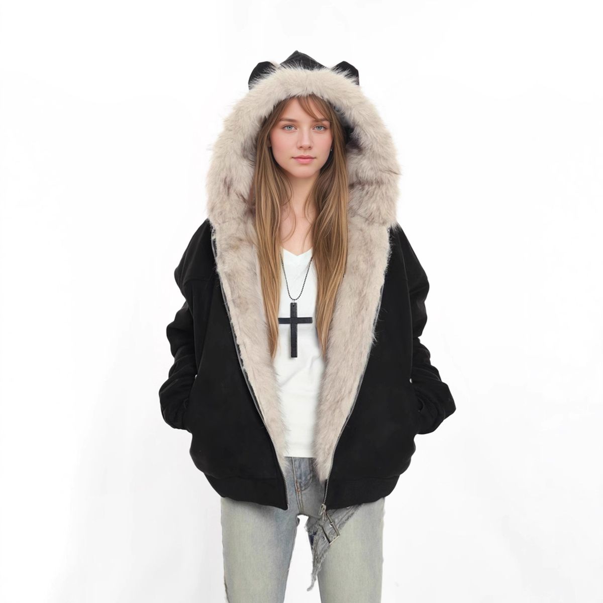 Winter Suede Fur Collar Hooded Jacket Women's Thickened Cat Ears Mountain Carving Cotton Jacket_ecoleips.com