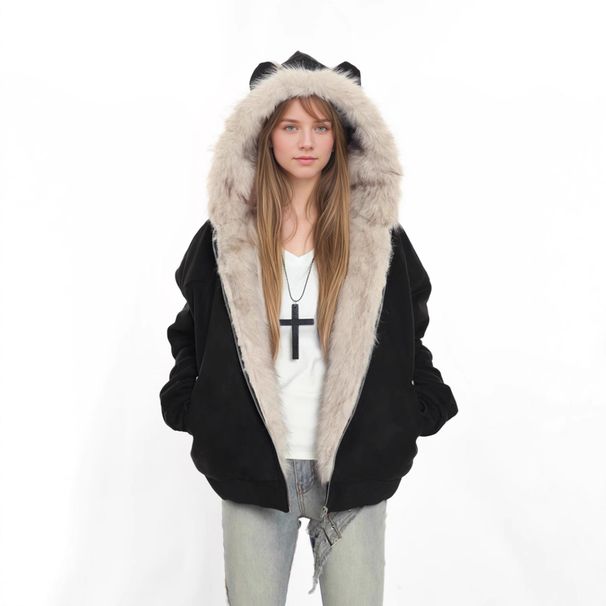 Winter Suede Fur Collar Hooded Jacket Women's Thickened Cat Ears Mountain Carving Cotton Jacket_ecoleips.com