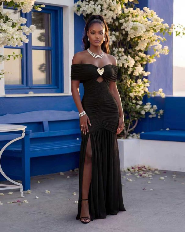 Women's Off-Shoulder Dress Solid Color Side Slit Waist Cinching Pleated Fit Elegant Mesh Patchwork With Metallic Embellishing_ecoleips.com