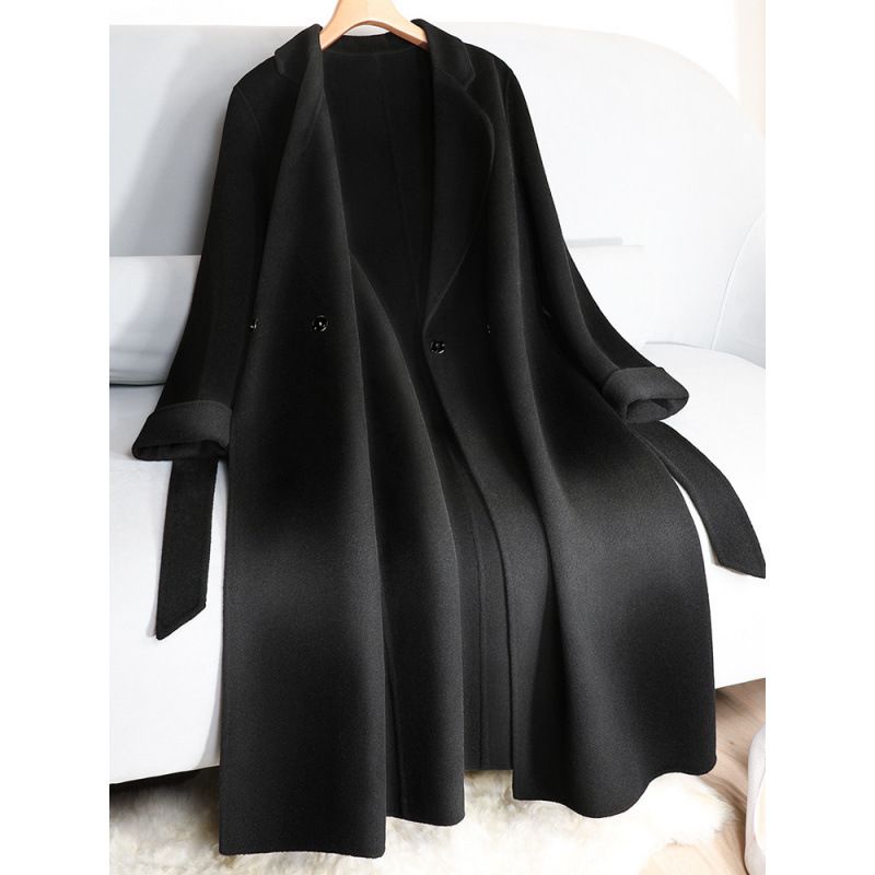 Women's Oversized Trench Coat With Belt, Alpaca Wool Blend Long Coat For Work & Casual, Korean-Japanese Style Loose Fit Duster (Black)_ecoleips.com