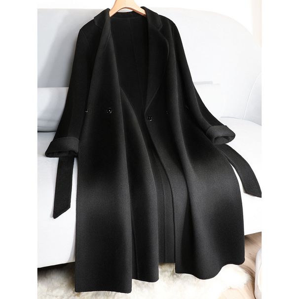 Women's Oversized Trench Coat With Belt, Alpaca Wool Blend Long Coat For Work & Casual, Korean-Japanese Style Loose Fit Duster (Black)_ecoleips.com