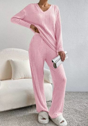 Women's Clothing Knit Two-Piece Set Casual Comfortable Straight Pants V-Neck Ribbed Top Autumn Outfit_ecoleips.com