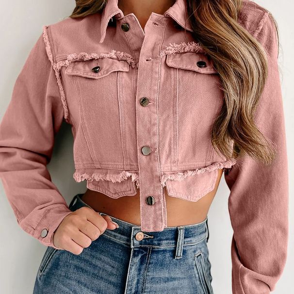 Women's ClothingAutumn And Winter Casual Lapel High Waist Short Fringed Denim Jacket_ecoleips.com